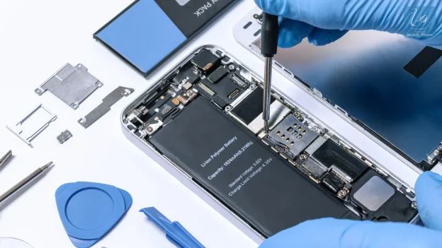 Technician repairs mobile battery with open phone parts.